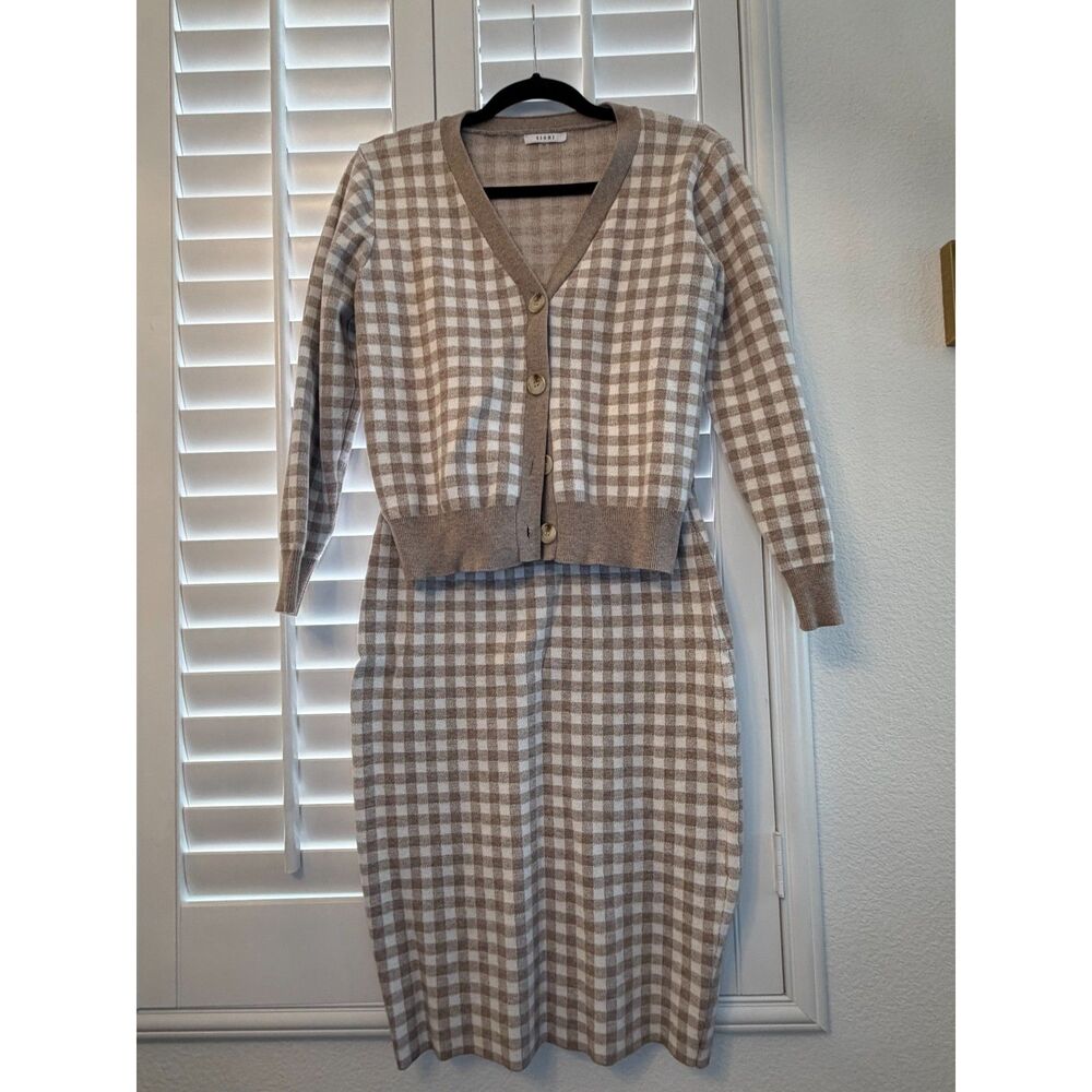 SIONI Beige Gingham Plaid Knit 2 Piece Set Cardigan Sweater Midi Skirt M